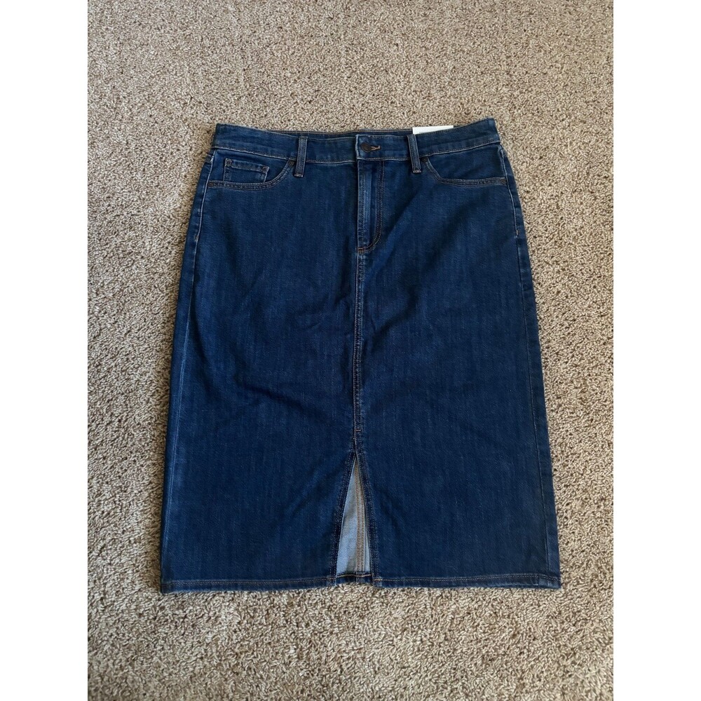 Chico's Denim Skirt Womens 10 Blue Midi Front Slit Cotton Stretch Casual NWT
